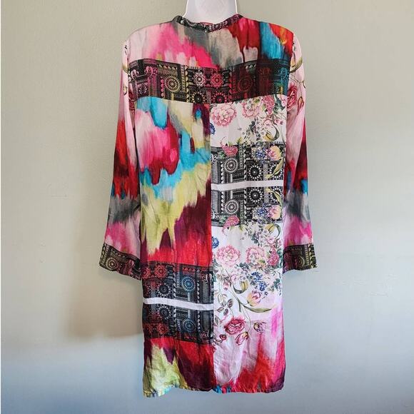 Johnny Was Multicolored Buttoned Silk Tunic size XS Oversized Patchwork Design - Picture 3 of 10